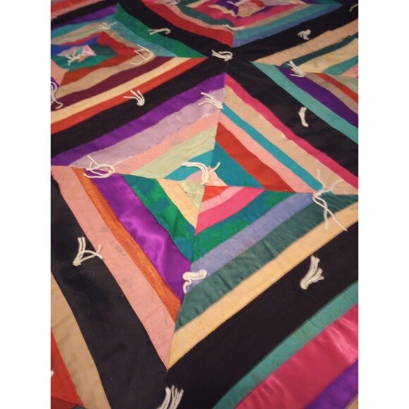 Vintage Patchwork Quilt Satin Velvet Diamonds 90s Signed PHOTOS Cond. 80" X 100" - Picture 3 of 13